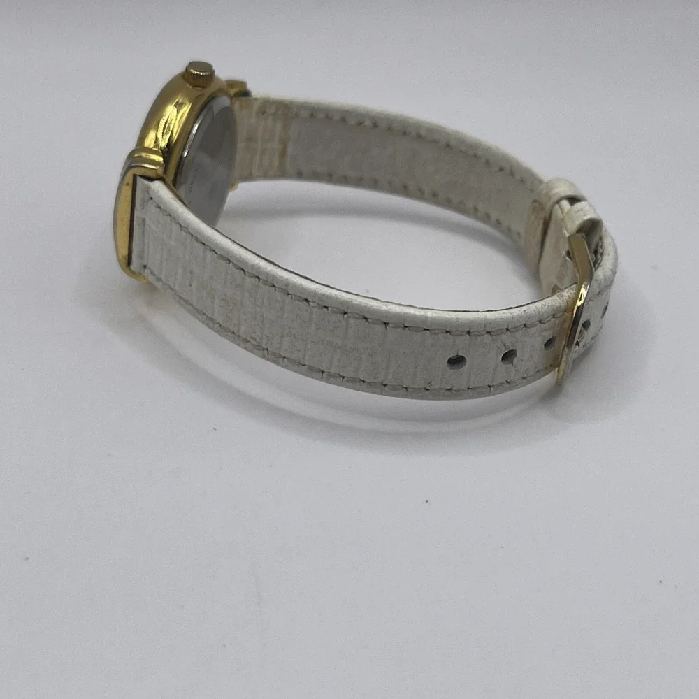 Laura Gayle‎ Gold Tone Quartz Watch White Leather Band- New Battery!